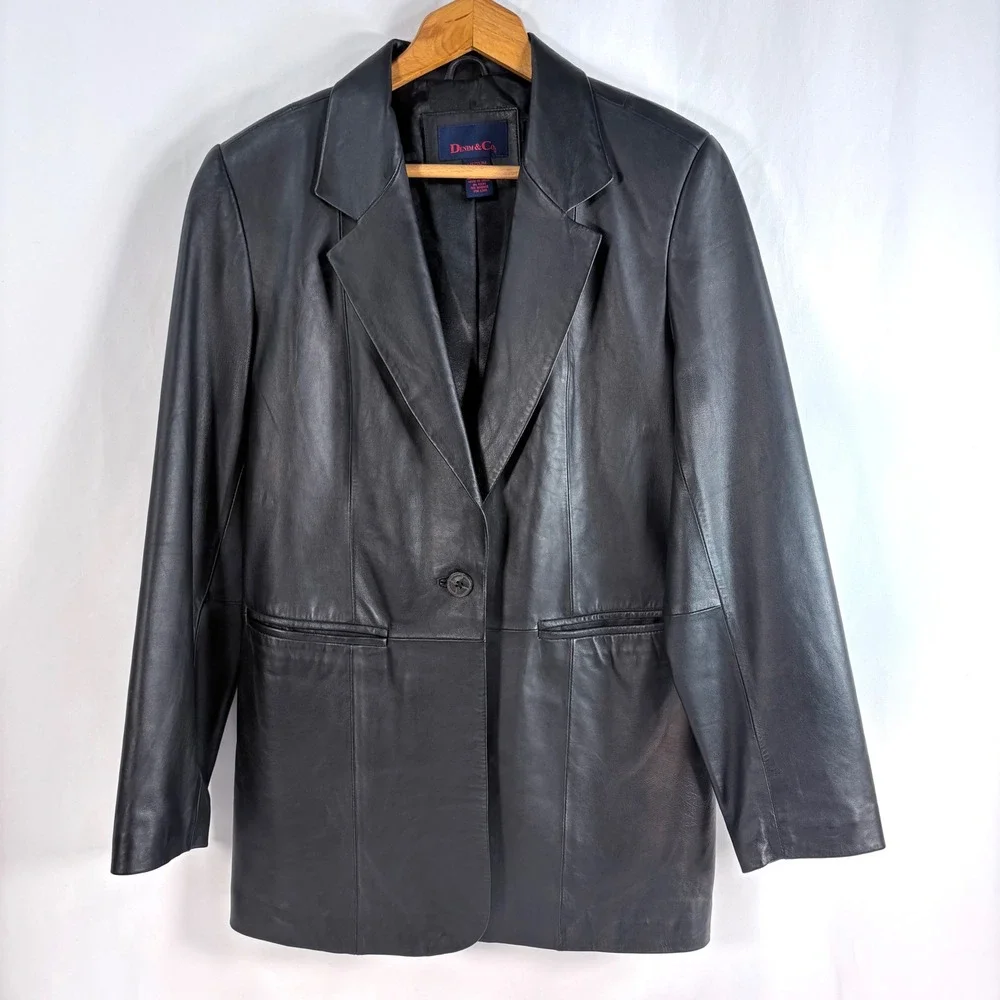 Denim & Co Leather Blazer Black Single Button Notched Lapel Jacket A103443